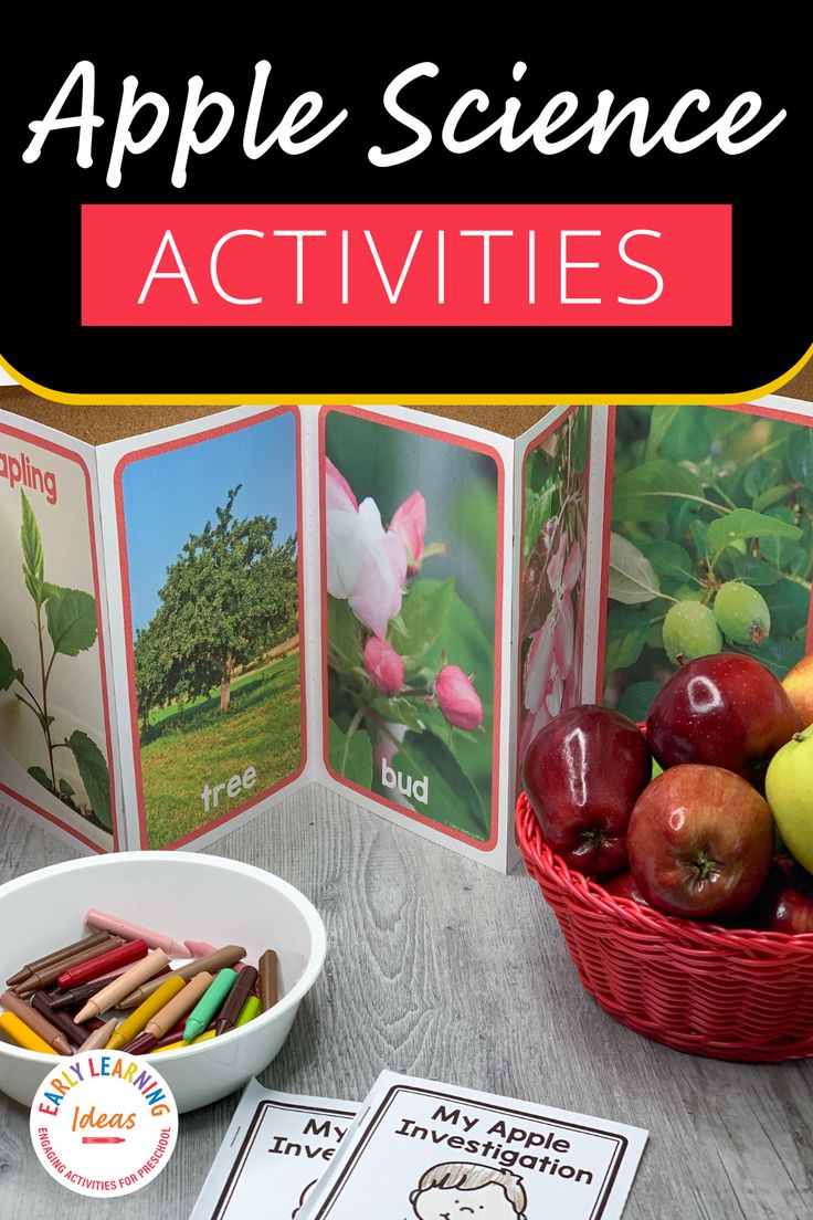 an apple science activity is shown with apples and crayons in front of it