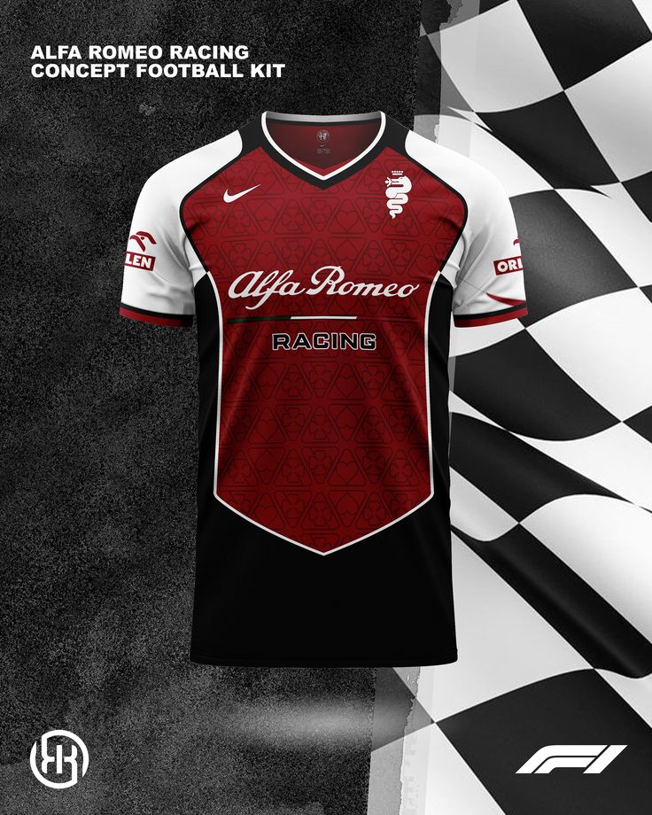 a red and black soccer jersey with the words alfa roma on it