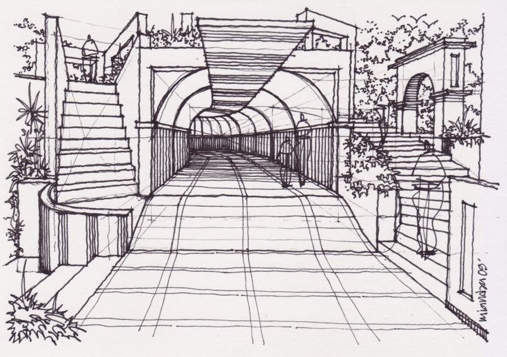 a drawing of a tunnel with steps leading up to it