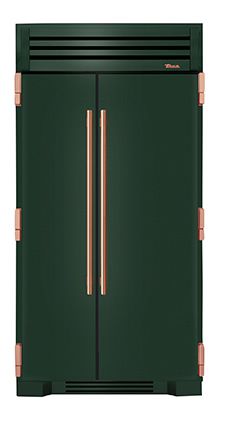 a green refrigerator freezer with copper trimmings on the doors and bottom panel