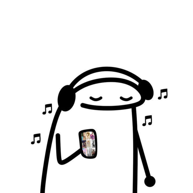 a cartoon character with headphones and music notes on his ears, holding a cell phone