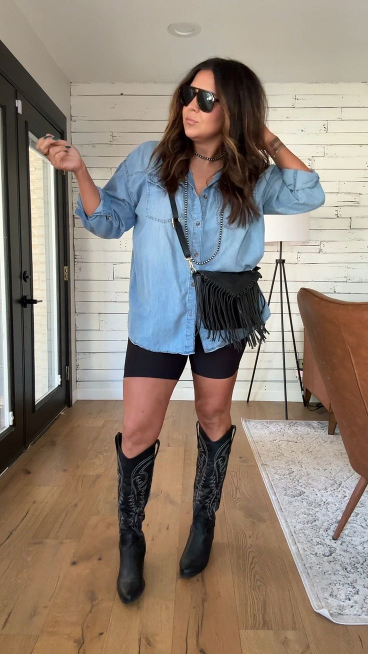 Biker Shorts With Cowboy Boots, Better With Chardonnay, Shorts With Cowboy Boots, Shorts And Cowboy Boots Outfit, Cowboy Boots Women Outfits, Shorts And Cowboy Boots, Cute Cowgirl Outfits, Midsize Outfits, Bicycle Shorts