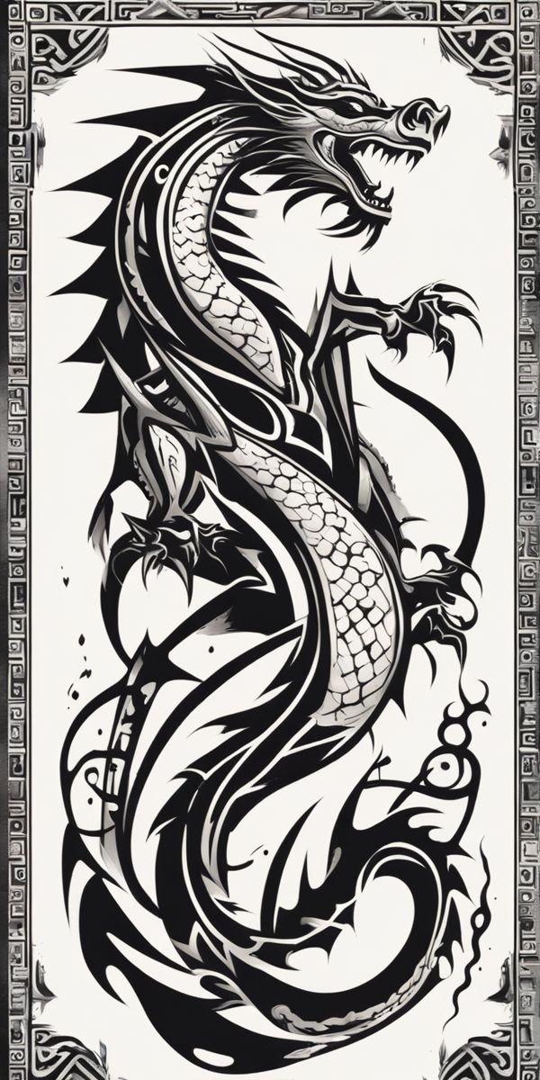 a black and white drawing of a dragon with ornate designs on it's body