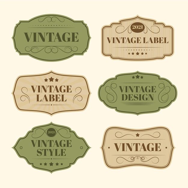 six vintage labels with different designs on them