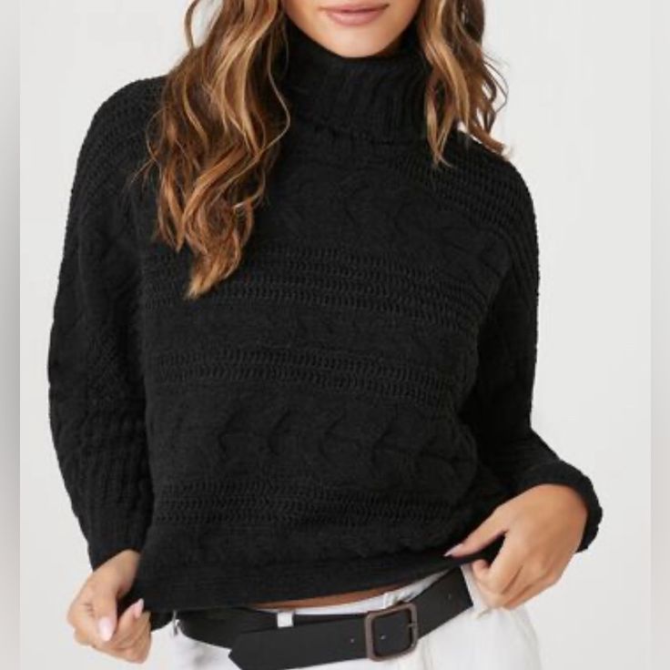 Forever 21, New With Tags Forever 21 Crew Neck Sweater For Fall, Forever 21 Fall Crew Neck Sweater, Black Cable Knit Trendy Sweater, Black Trendy Cable Knit Sweater, Trendy Black Winter Knit Top, Trendy Black Cable Knit Sweater, Black Cable Knit Top, Black Cable Knit Top For Fall, Trendy Turtleneck Cable Knit Tops