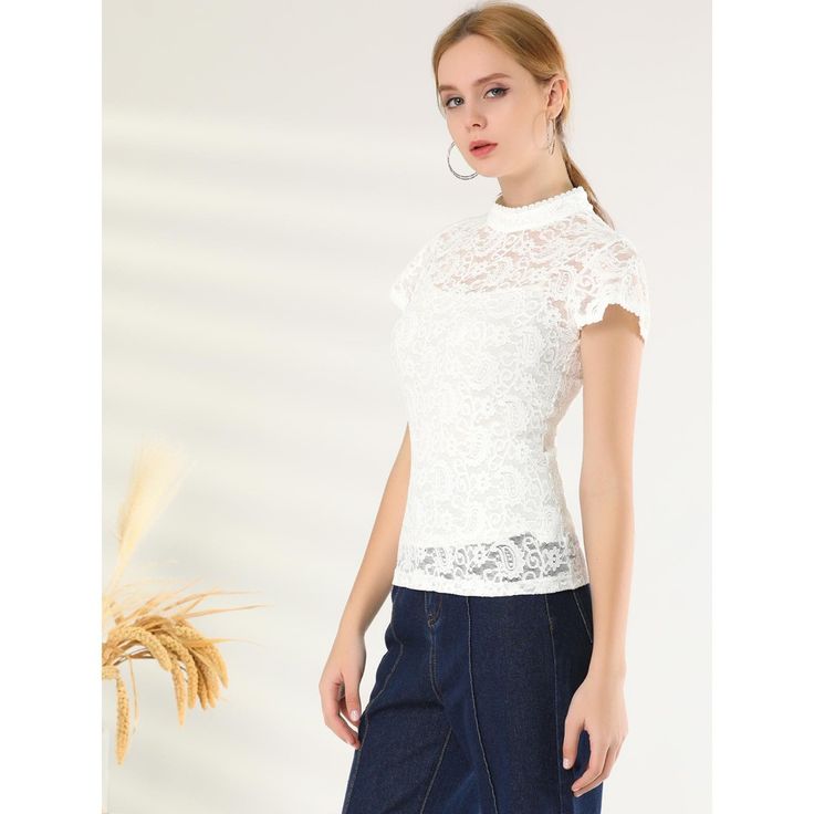 A semi-sheer top featuring an allover floral lace design, round neck, ruffle Sleeve. Great for simple fashion pants or skirts. Pair this sheer lace top with a cami top or tank top. Perfectly match with heels and a clutch bag for an elegant style. The lace blouse can show off your charming side in your daily wear. In its charming design, this top can be a good choice for the upcoming season. Scalloped Lace Tops, Spring Scalloped Lace Top, Stretch Lace Tops With Scalloped Detail, Feminine Stretch Lace Patchwork Top, Feminine Lace Patchwork Stretch Top, Short Sleeve Tops With Delicate Lace For Spring, Casual Non-stretch Lace Top, Stretch Feminine Lace Top With Lace Trim, Feminine Stretch Lace Top With Lace Trim