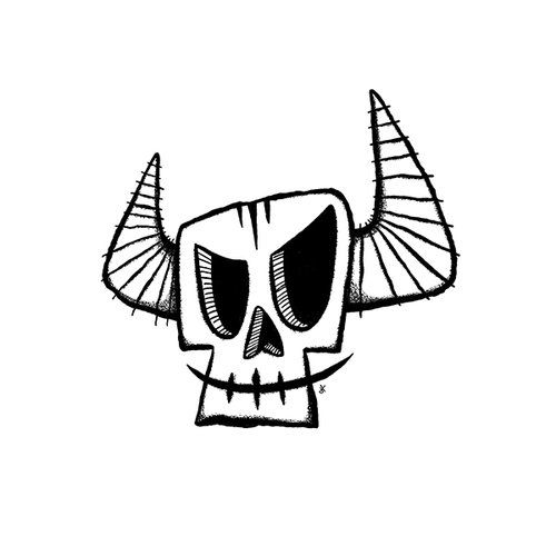 a black and white drawing of a skull with horns