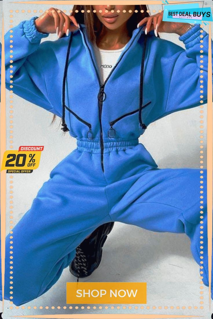 Zip Up Drop Shoulder Hooded Jumpsuit Blue Tracksuit With Drawstring Hood For Winter, Blue Winter Tracksuit With Drawstring Hood, Sporty Hooded Winter Tracksuit, Hooded Tracksuit With Pockets For Outdoor, Hooded Tracksuit For Outdoor Winter Activities, Hooded Winter Tracksuit For Outdoor, Winter Hooded Tracksuit With Kangaroo Pocket, Hooded Winter Tracksuit With Kangaroo Pocket, Solid Color Hooded Tracksuit With Pockets