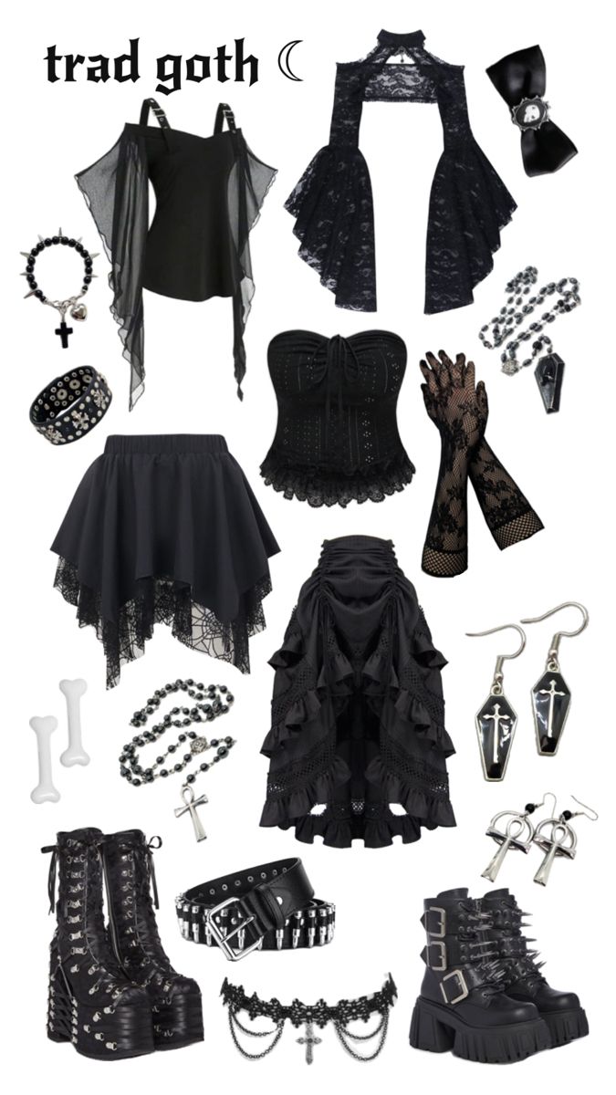 traditional goth outfit ,, Goth Aesthetic Style, Different Goth Aesthetics, Goth Types Chart, Goth Halloween Outfit, 2000 Goth Fashion, 80s Trad Goth Fashion, Goth Fantasy Outfit, Goth Outfit Inspo Winter, Trad Goth Accessories