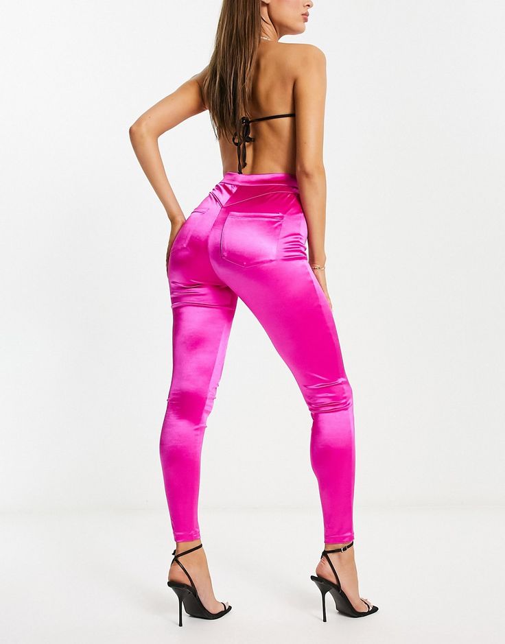 Pants & Leggings by Kaiia Lower-half looks High rise Belt loops Functional pockets bodycon fit Satin Leggings, Pvc Trousers, Disco Leggings, Body Conscious, Valentine's Day Outfit, I Like That, So Me, Pink Fashion, Pants Leggings