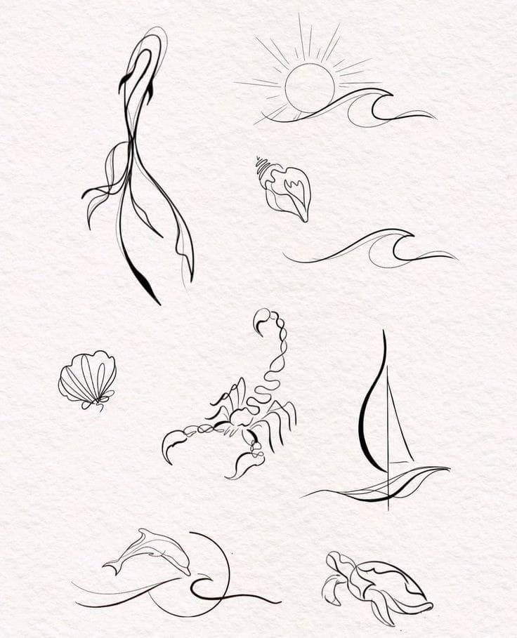 an ink drawing of sea animals and seashells