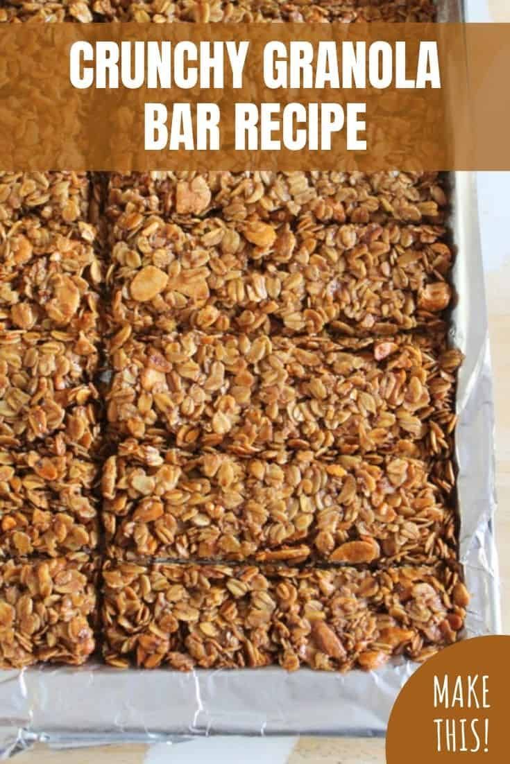 an image of granola bar recipe in a baking pan with text overlay that reads crunchy granola bar recipe