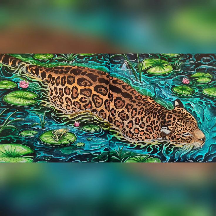 a painting of a leopard in the water with lily pads on it's side