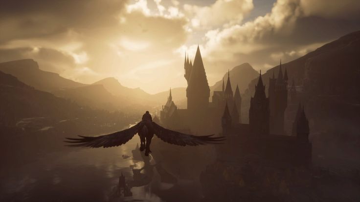 an image of a bird flying in the sky over a castle with mountains and clouds