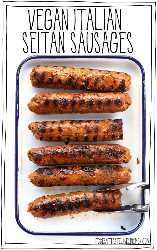 grilled sausages on a plate with the title vegan italian setan sausages