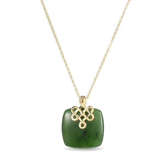 Symbolic of good fortune and harmony, this cushion-shaped jade with lucky knot pendant is a meaningful gift. 18K gold Features a 18.0mm cushion-shaped lush-green Nephrite jade Sculpted lucky knot detail above completes the elegant design 18.0-inch adjustable cable chain; spring-ring clasp Peoples Jewellers, Necklace Clasps, Nephrite Jade, Jade Stone, Good Fortune, Lush Green, Chain Ring, Necklace Designs, Spring Rings