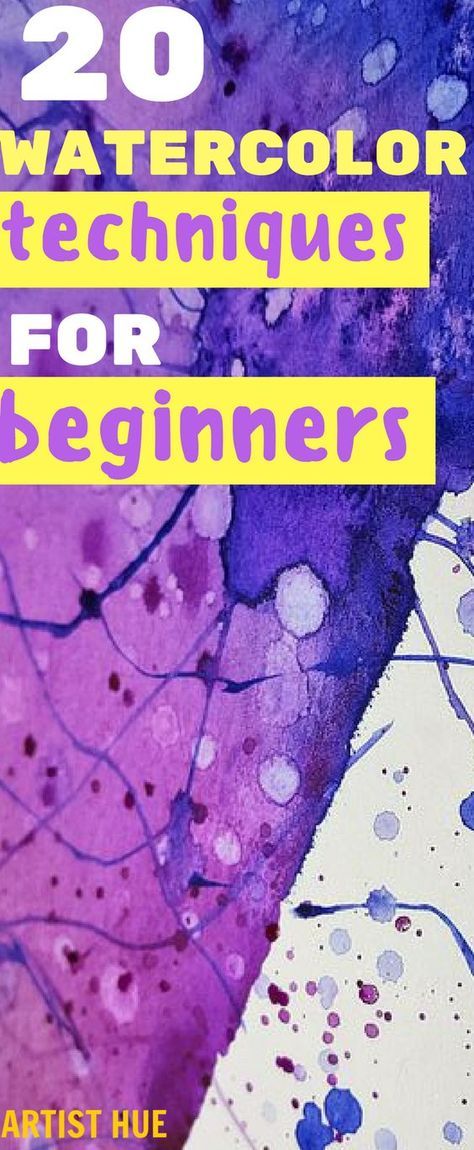 the cover of 20 watercolor techniques for beginners by artist hue, featuring blue and purple colors