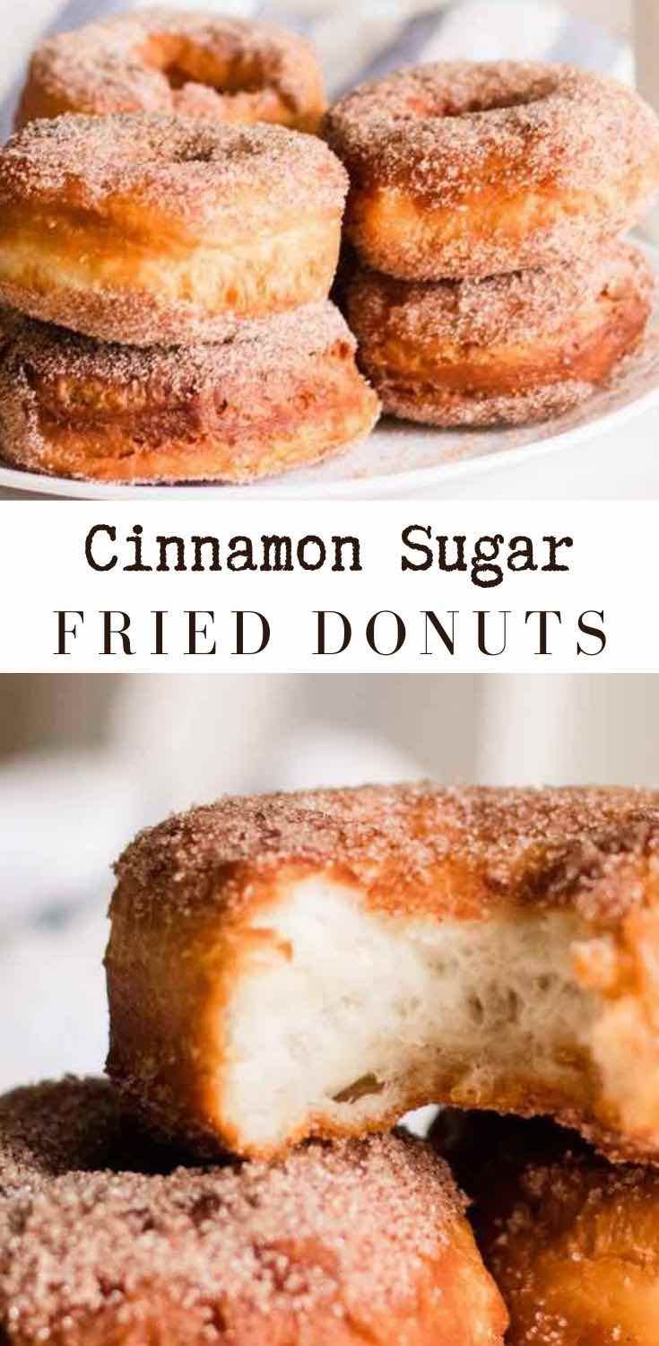 cinnamon sugar fried donuts stacked on top of each other with the title above it