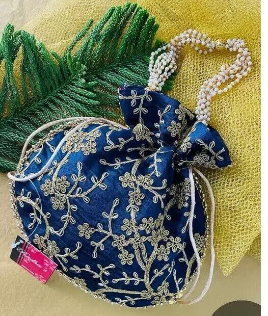 Potli Bag Blue Cotton Drawstring Bag Indian Embroidery Clutch Embroidery Clutch, Potli Bag, Ethnic Bag, Potli Bags, Cotton Drawstring Bags, Indian Embroidery, Blue Bags, Drawstring Bag, Bags Handbags