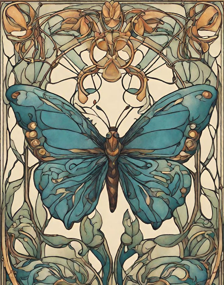 a blue butterfly sitting on top of a flowery design in a stained glass window