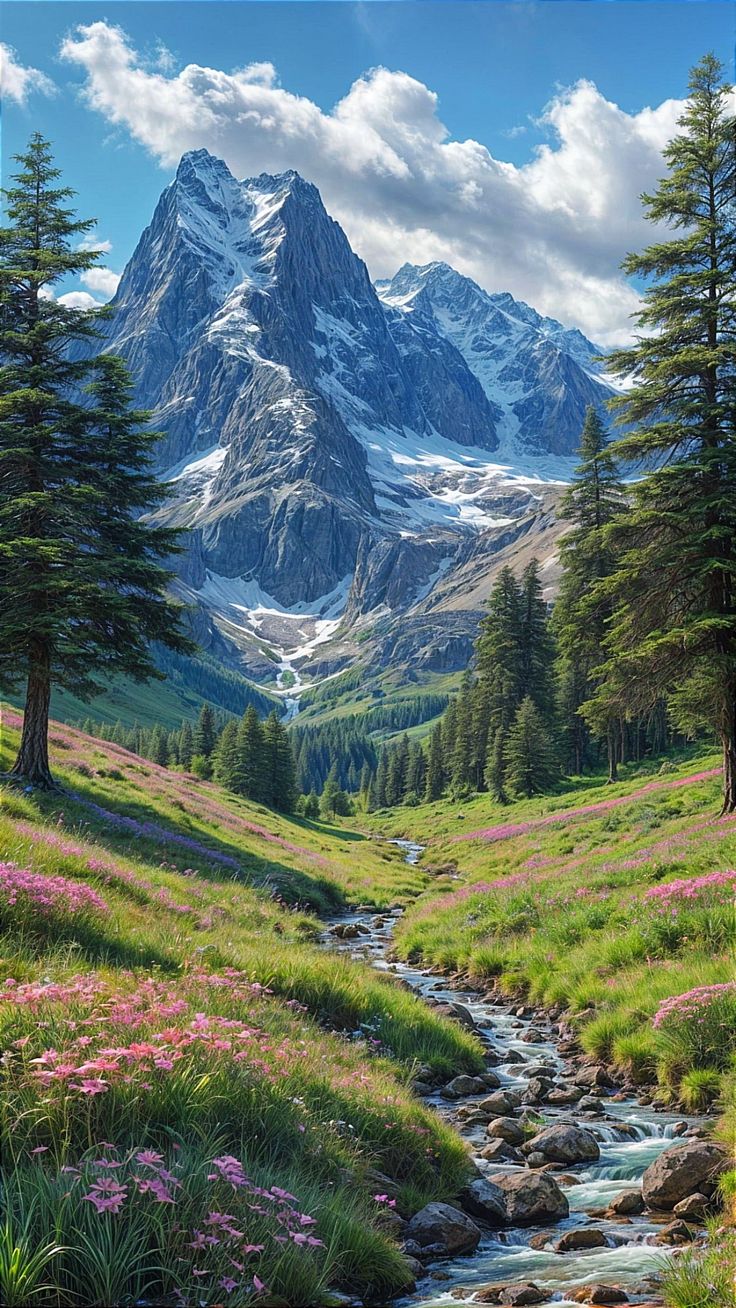 a stream running through a lush green forest filled with flowers next to a snow covered mountain