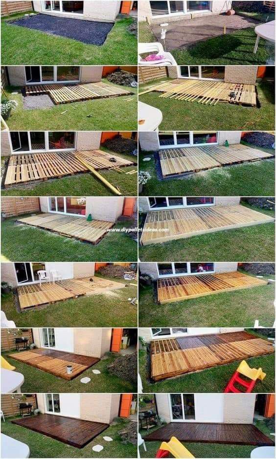 several pictures of different types of wooden boards in front of a house and lawn area