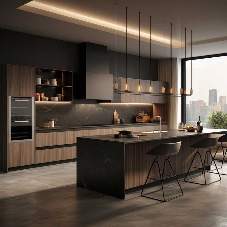 a modern kitchen with an island and bar stools