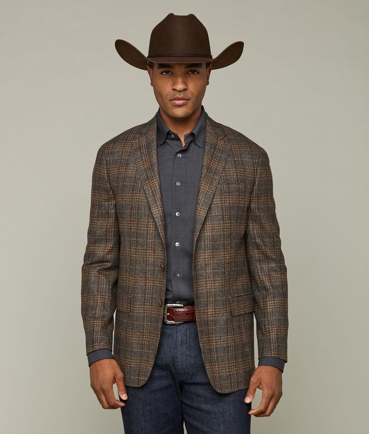 The Lucchese Sport Coat offers instant Western refinement to the cowboy's repertoire. Fashioned from rich Italian wool and silk, the Lucchese Sport Coat ensures a relaxed fit, suitable for layering. Accompanied by a barchetta chest pocket and two jetted flap pockets, this versatile sport coat will burnish a cowboys look and confidence. Model is 6'1.5 and wearing size 42R. Brown Sports Coat Men, Sport Coat And Jeans, Western Sport Coat, Brown Sport Coat, Nanak Jayanti, Semi Formal Attire, Mens Western, Guru Nanak, Cocktail Attire