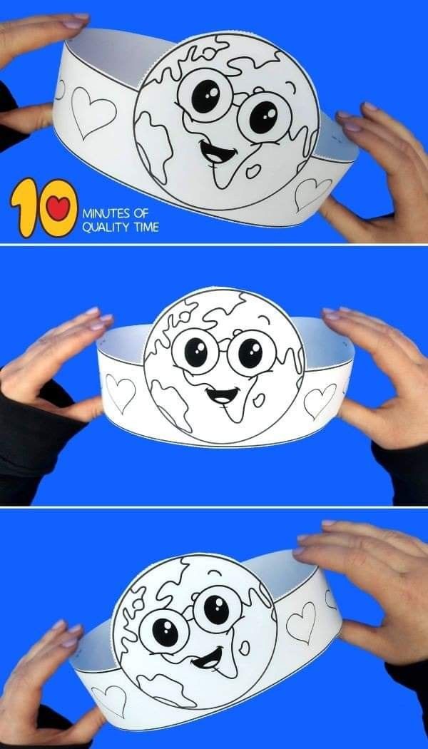 two pictures showing how to make a paper hat with the face of an earth on it