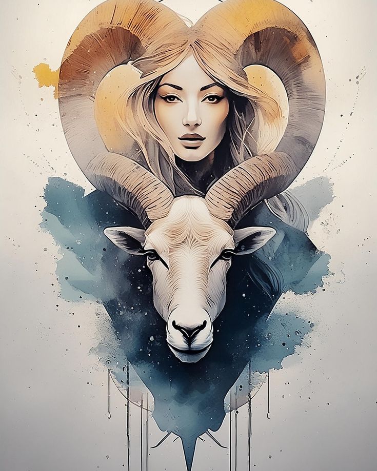 a painting of a woman with horns on her head and an animal's face