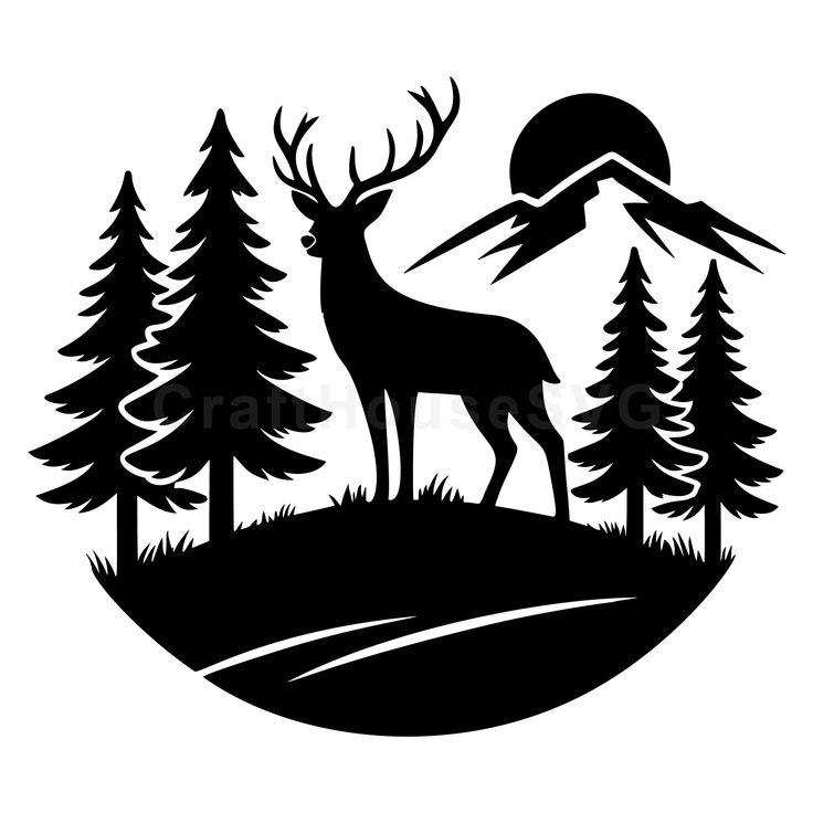 a black and white silhouette of a deer in the woods