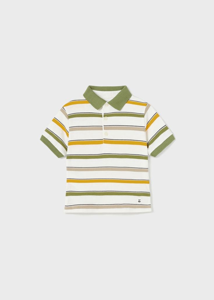 Short sleeved Polo shirt for baby. Polo neck collar with detailing. Made from 100% cotton fabric. Striped pattern. Short Sleeve Polo Shirt 100% Cotton Striped Collared Cotton T-shirt, Green Short Sleeve Top With Ribbed Collar, Green Tops With Ribbed Collar And Short Sleeves, Green Top With Ribbed Collar And Short Sleeves, White Polo Top With Striped Collar, White Polo Collar Top With Striped Collar, Striped Short Sleeve Top With Ribbed Collar, Multicolor Cotton Top With Collared Neckline, White Polo Shirt With Striped Collar