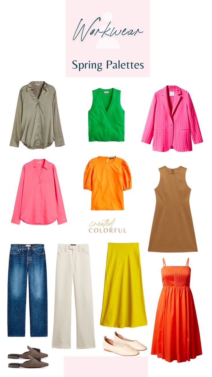 Spring Colour Clothes, Clear Spring Work Outfits, Clear Spring Neutrals, Bright Spring Work Outfits, Spring Color Pallete Outfits, True Spring Color Palette Outfits Capsule Wardrobe, Bright Spring Palette Outfits, House Of Colour Spring Outfits, House Of Color Spring Outfits