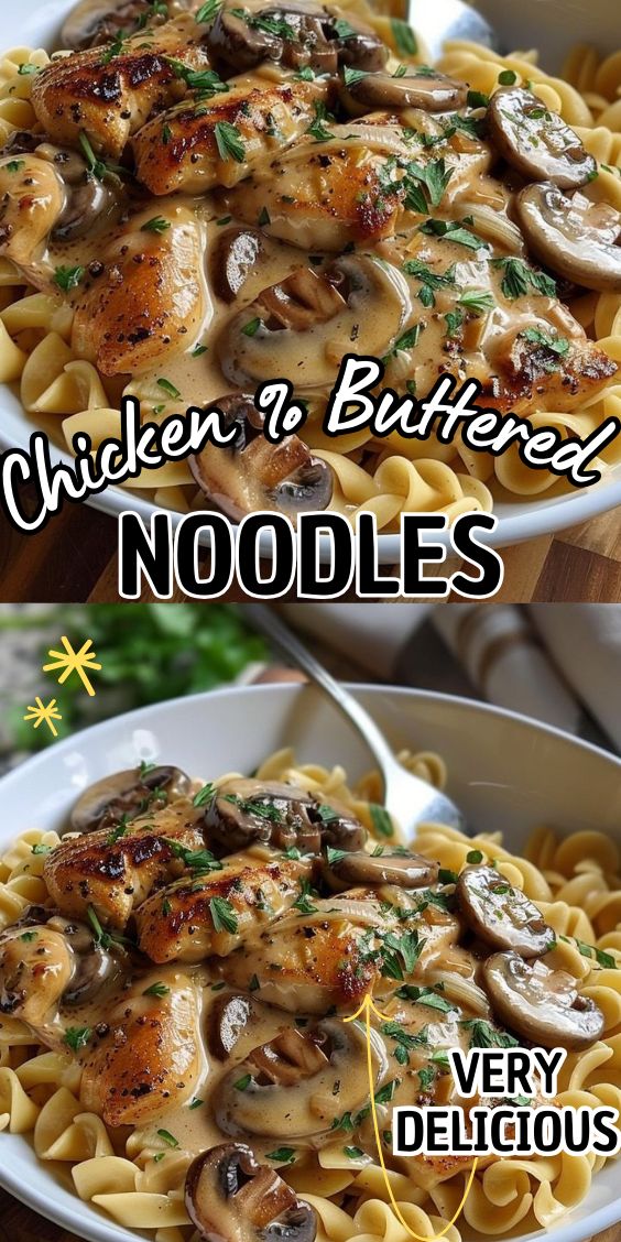 chicken and buttered noodles in a white bowl with the words chicken n buttered noodles