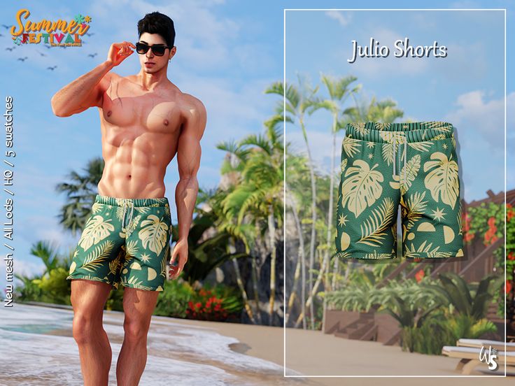 an image of a man in swim trunks on the beach with palm trees behind him