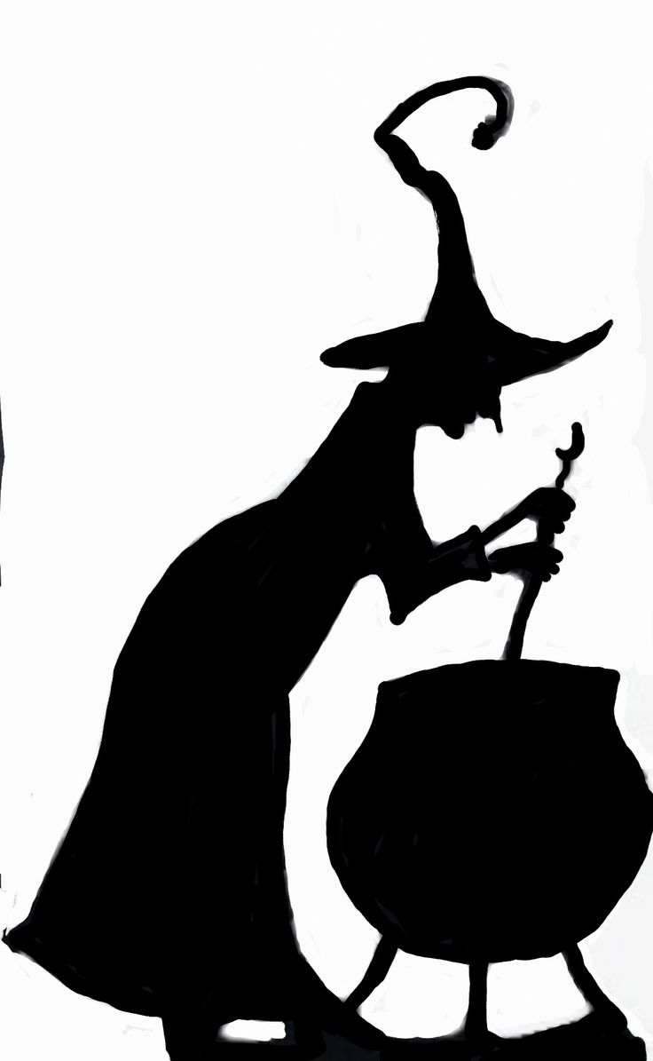 a black and white silhouette of a witch stirring a pot