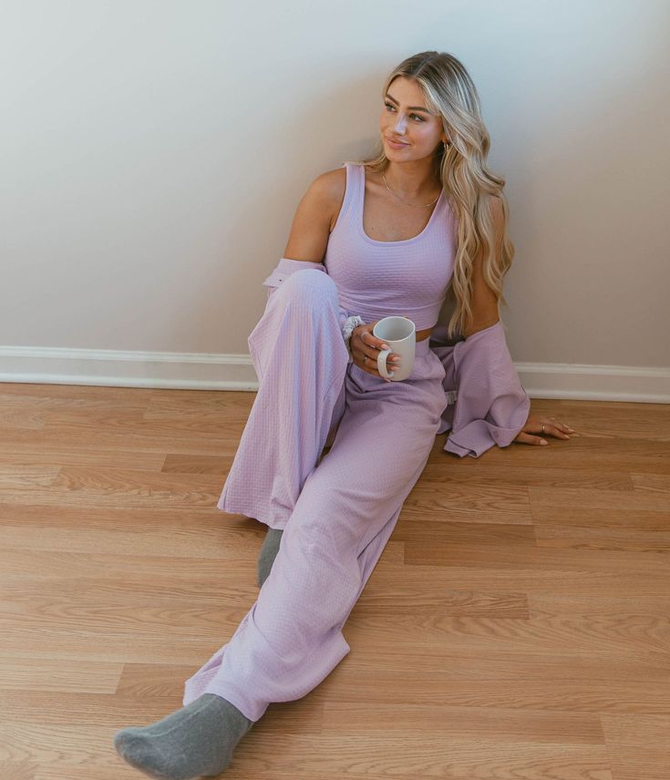 An elevated lounge piece with an elegantly detailed knit pattern and soft feel. These flowy style pants can be worn casually or as sleepwear. Part of a 3 piece Sincerely Soft set. Lauryn is 5'9" and is wearing a small. Athleisure Accessories, Flannel Sweatshirt, Pj Party, Flowy Style, Pastel Lilac, Party Pants, Southern Shirts, Perfect Stocking Stuffers, Style Pants