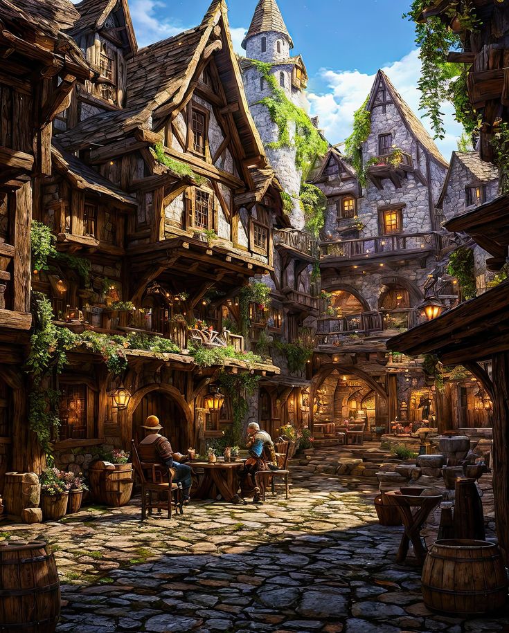 an image of a fantasy village with people sitting at the table and looking out into the distance