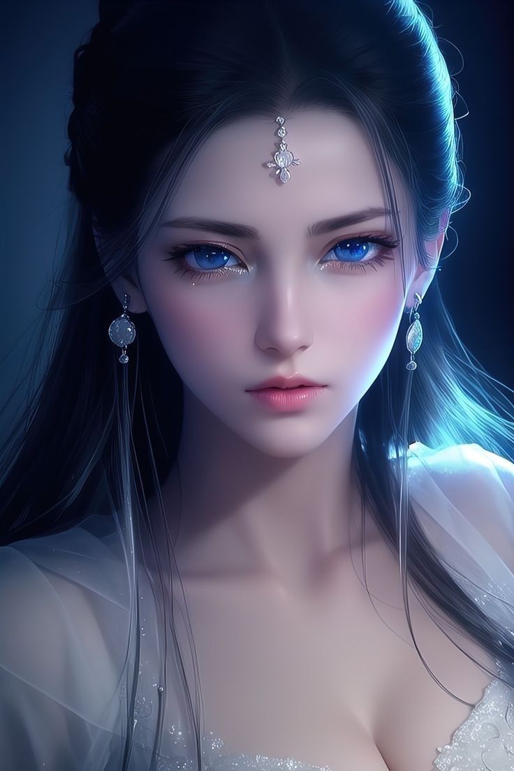 a beautiful woman with blue eyes and long hair wearing white dress, earrings and tiara