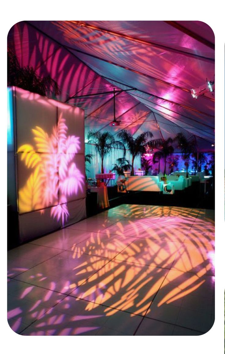 two pictures of the inside of a tent with palm trees and lights on it, one is