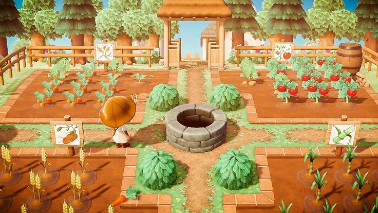 an animal crossing game in the middle of a garden with lots of plants and trees