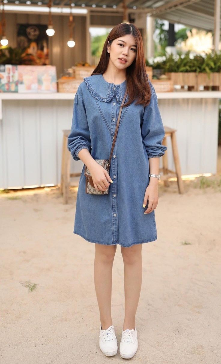 Denim Frock, Juice For Skin, Keds Style, Korean Dress, Stylish Dresses, Keds, Simple Outfits, Daily Outfits, Fashion Ideas