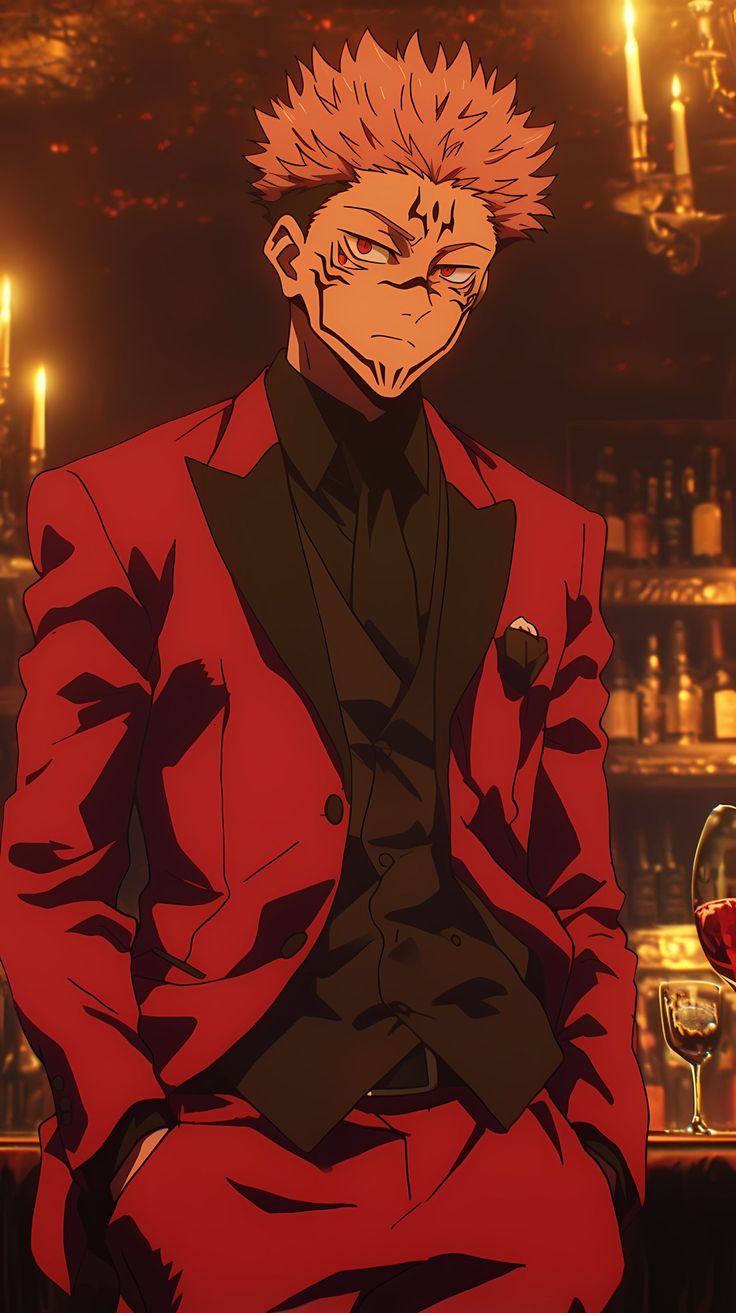 an anime character sitting in front of a bar with candles on the wall behind him