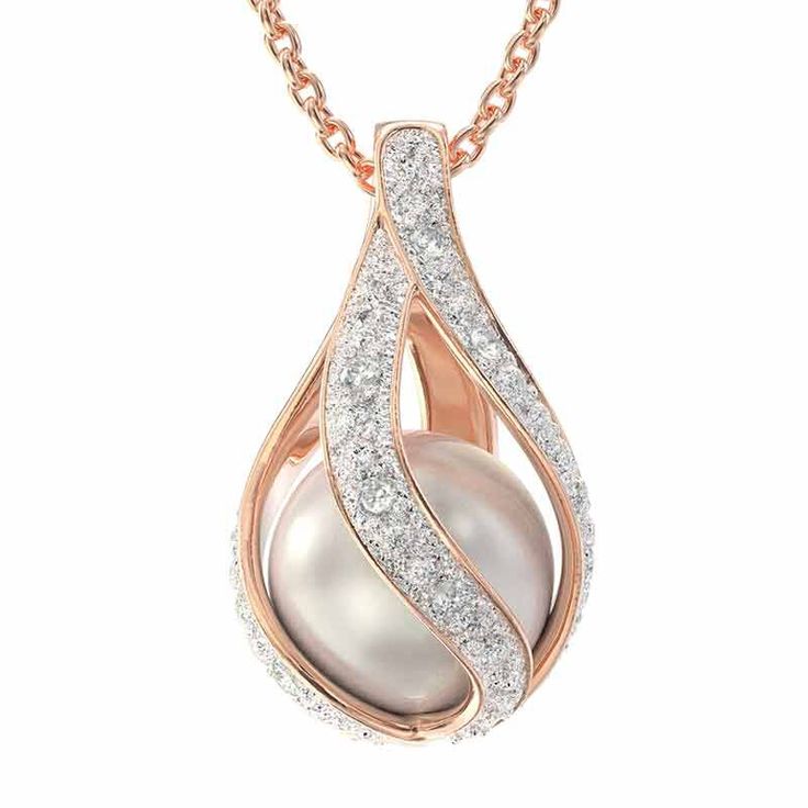 Incomparable glamour…timeless beauty. A magnificent 8mm freshwater pearl is gracefully embraced by your choice of 14kt gold-plated, silver-plated or rose gold-plated ribbons. As the perfect finishing touch, the swirling channels are embellished with six dazzling diamonds. Breathtakingly suspended by a matching chain. The necklace arrives in our signature keepsake pouch. Perfect for gift-giving and safekeeping, it’s included at no additional charge. Elegant Rose Gold Pearl Jewelry, Elegant Rose Gold Teardrop Necklace, Elegant Rose Gold Pearl Necklace, Elegant Rose Gold Jewelry With Pearl Charm, Rose Gold Pearl Jewelry For Formal Occasions, Formal Rose Gold Pearl Jewelry, Rose Gold Pearl Drop Necklace For Anniversary, Rose Gold Pearl Jewelry With Pearl Charm, Feminine Rose Gold Jewelry For Evening