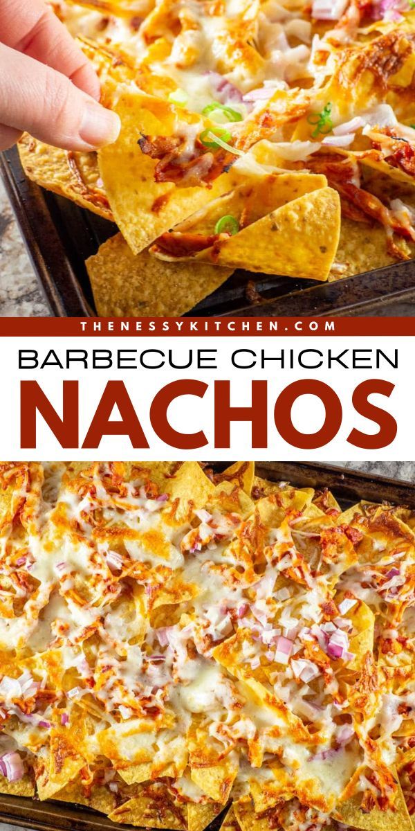 Always an easy appetizer recipe for a crowd! It's one of the best game day recipes for loaded nachos. Complete with your favorite toppings, these sheet pan Barbecue Chicken Nachos are sure to be a hit! So, grab some tortilla chips for this fun party snack! Smoked Chicken Nachos, Barbecue Chicken Nachos, Loaded Nachos Recipe, Nacho Recipes, Cheese Nachos, Bbq Chicken Nachos, Sheet Pan Nachos, Recipe For A Crowd, Pan Nachos