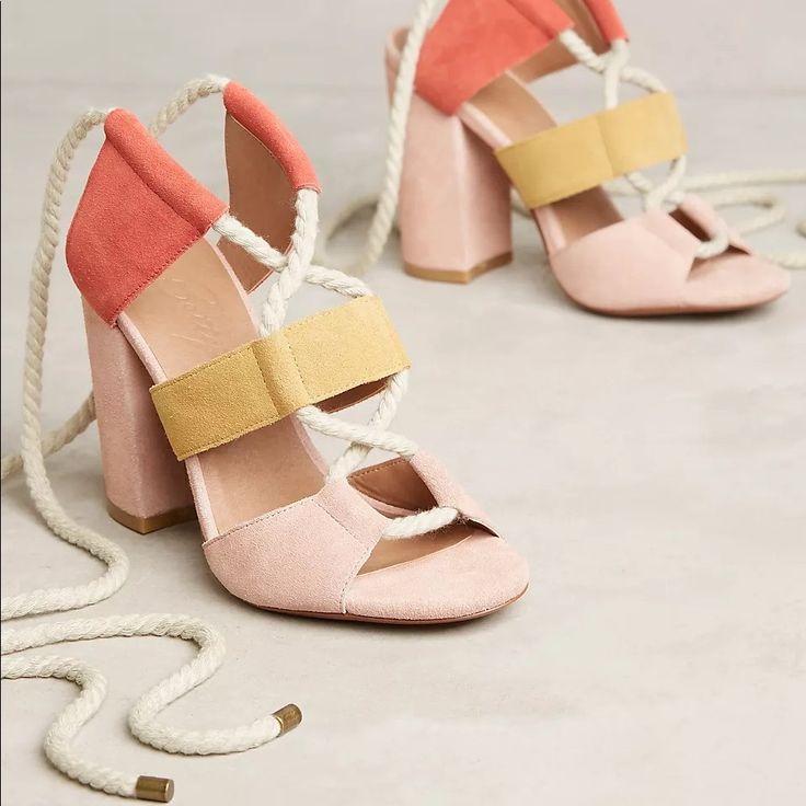 Purchased From Anthropologie Suede Rope Heeled Sandals Fits True To Size Ankle Tie Closure Suede Upper Leather Insole, Sole Imported 4.25" Suede-Wrapped Heel New Without Tags, Never Worn Offers Welcome Pink Lace-up Sandals With Heel Strap, Pink Stacked Heel Summer Heels, Pink Block Heel Spring Heels, Pink Block Heel Shoes For Spring, Pink Summer Heels With Stacked Heel, Blush Block Heel Summer Heels, Pink Block Heel Heels For Spring, Spring Pink Block Heel Shoes, Feminine Summer Lace-up Heels