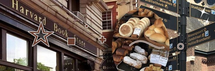 there are many different types of breads on display outside the storefront and street signs