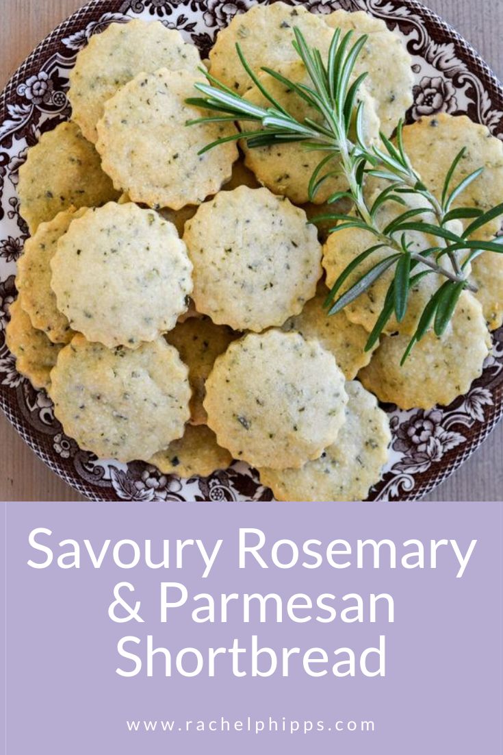 rosemary and parmesan shortbread cookies on a plate with the words savory rosemary and parmesan shortbread