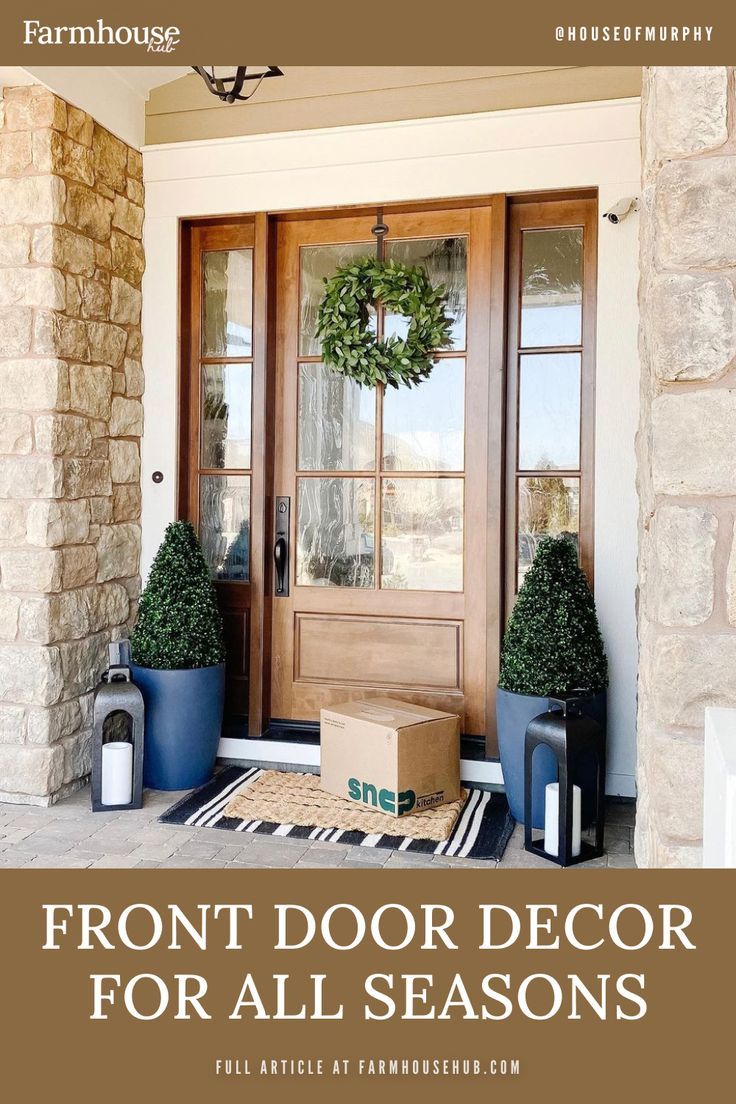 Glass entry door with decor Coastal Wood Front Door, Wood Front Door With Glass, Golden Oak Front Door, Exterior Door Decor, Year Round Porch Decor, Natural Front Door, Year Round Front Porch Decor, Front Door With Glass Window, Front Porch Plants Year Round