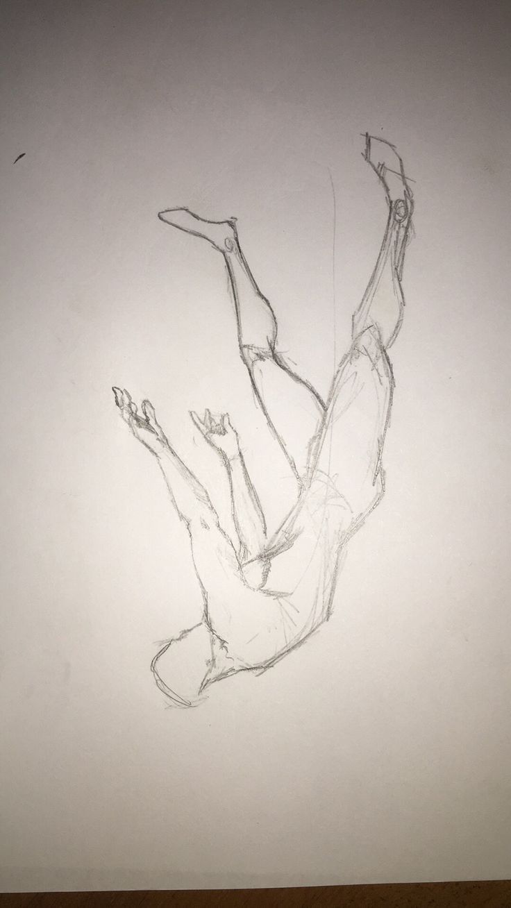 a drawing of a person laying on their back with one leg up and the other hand in the air